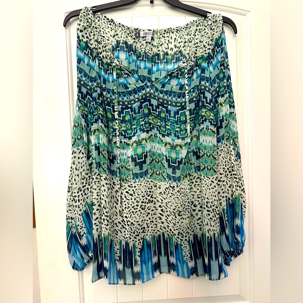 Jennifer Lopez Green and Blue Patterned Blouse